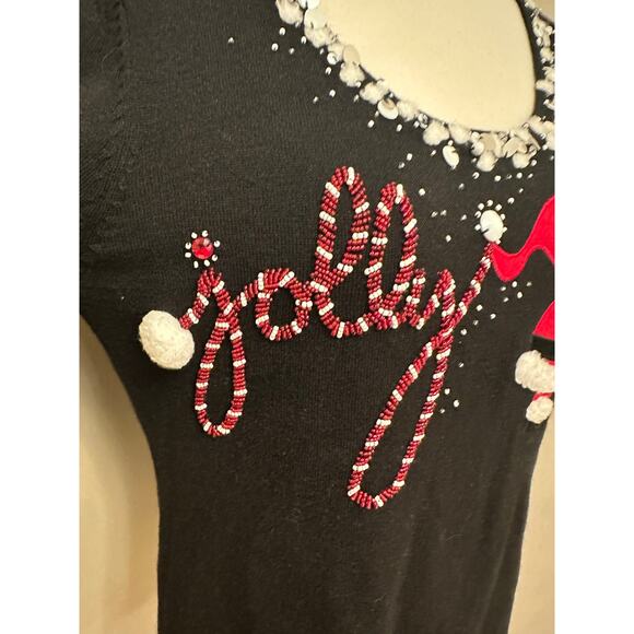 Berek Scoop Neck Beaded Sequin Embroidered Jolly Santa Christmas Sweater Sz Med - Picture 2 of 8